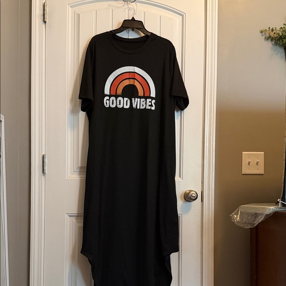 T.J.Maxx Black Maxi Dress with Retro Orange & White 'Good Vibes' Graphic